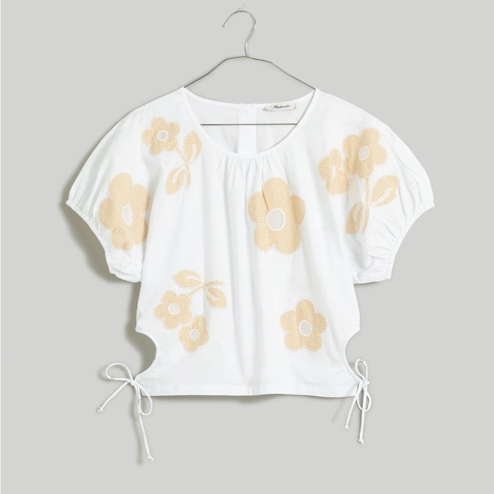 Madewell Embroidered Poplin Puff-Sleeve Cutout Crop Top